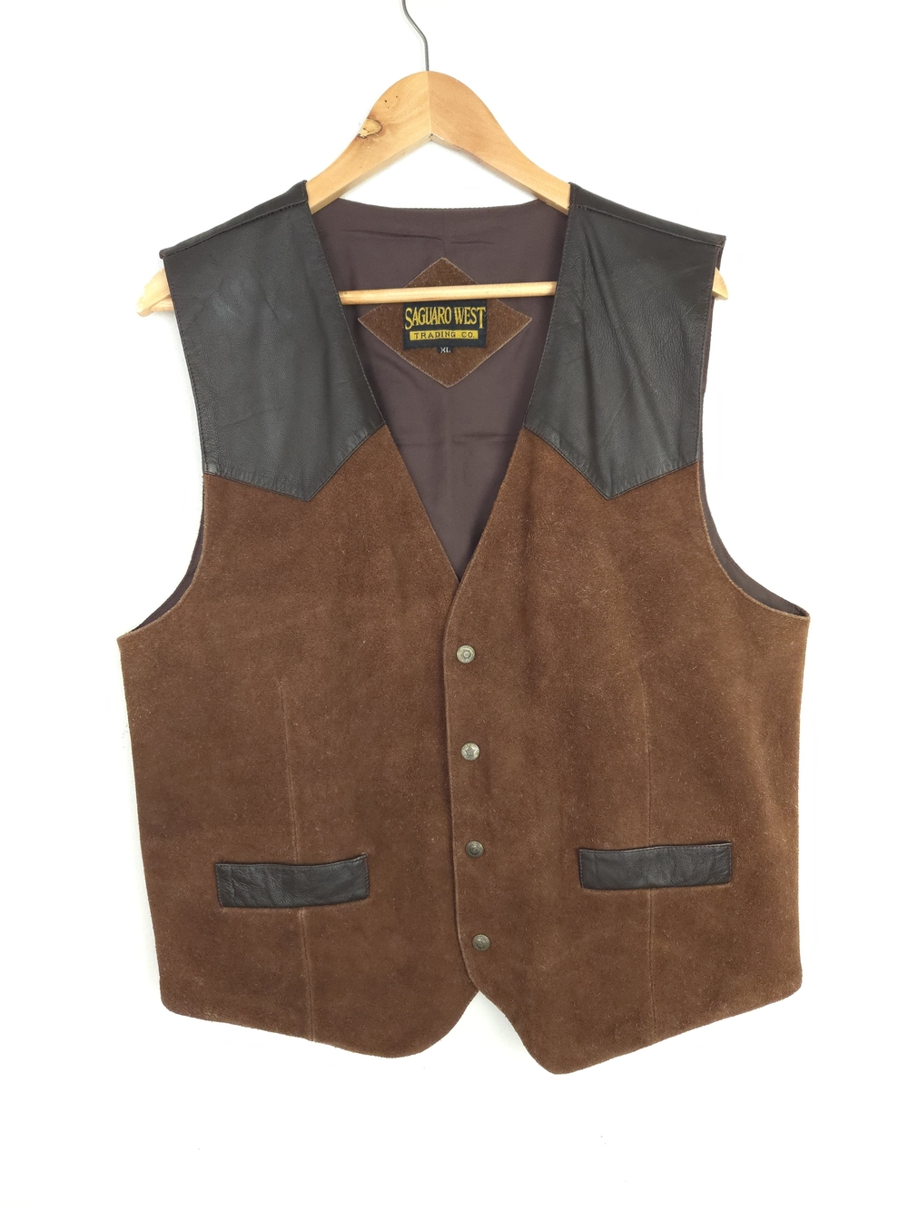 Vintage 90s Saguaro West Trading Co Suede Western Vest Leather Patch Brown XL